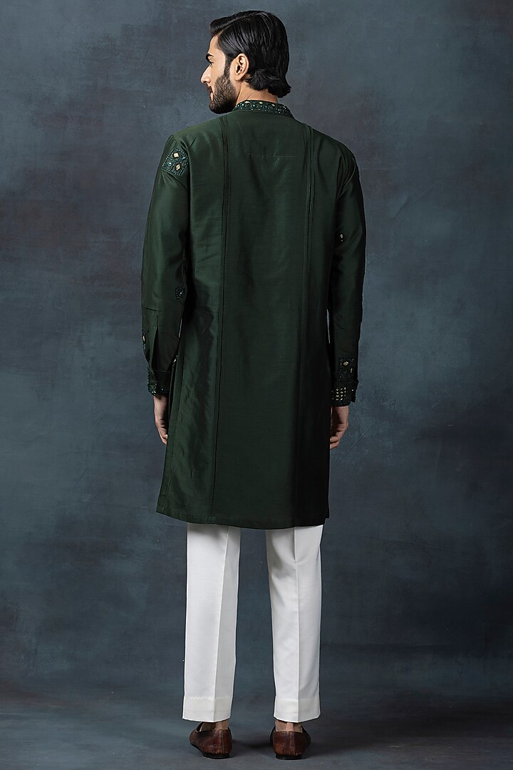 Forest Green Cotton Silk Embroidered Kurta Set by Sarab Khanijou at Pernia's Pop Up Shop