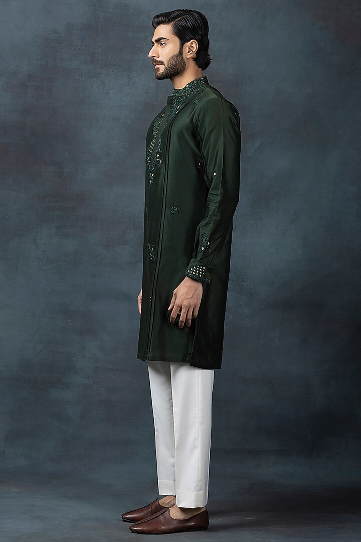 Forest Green Cotton Silk Embroidered Kurta Set by Sarab Khanijou at Pernia's Pop Up Shop