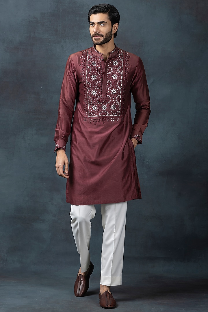 Red Cotton Silk Embroidered Kurta Set by Sarab Khanijou at Pernia's Pop Up Shop