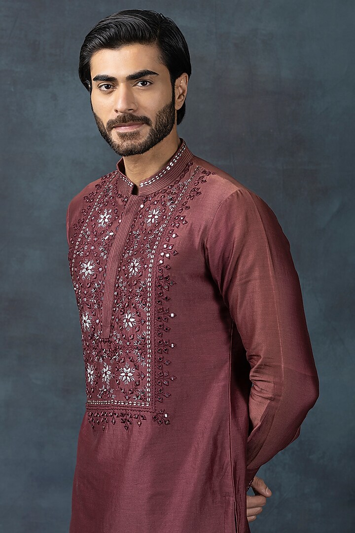 Red Cotton Silk Embroidered Kurta Set by Sarab Khanijou at Pernia's Pop Up Shop