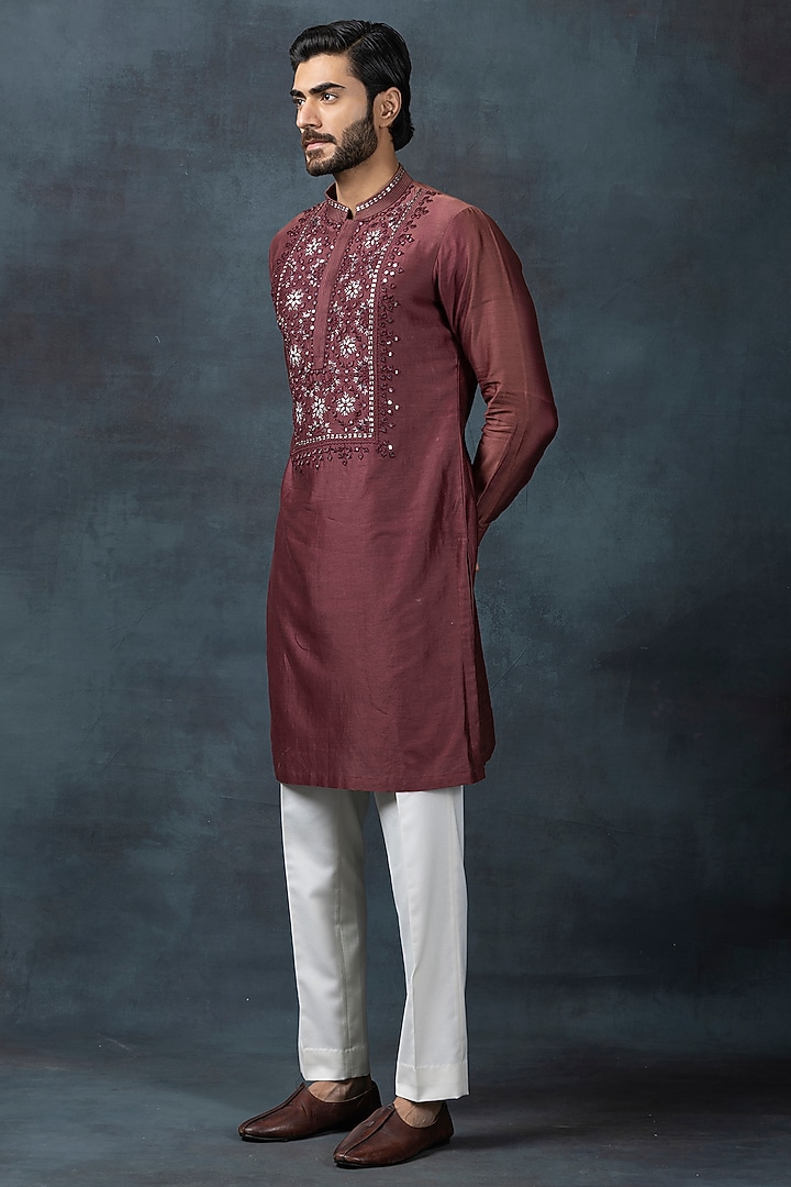 Red Cotton Silk Embroidered Kurta Set by Sarab Khanijou at Pernia's Pop Up Shop
