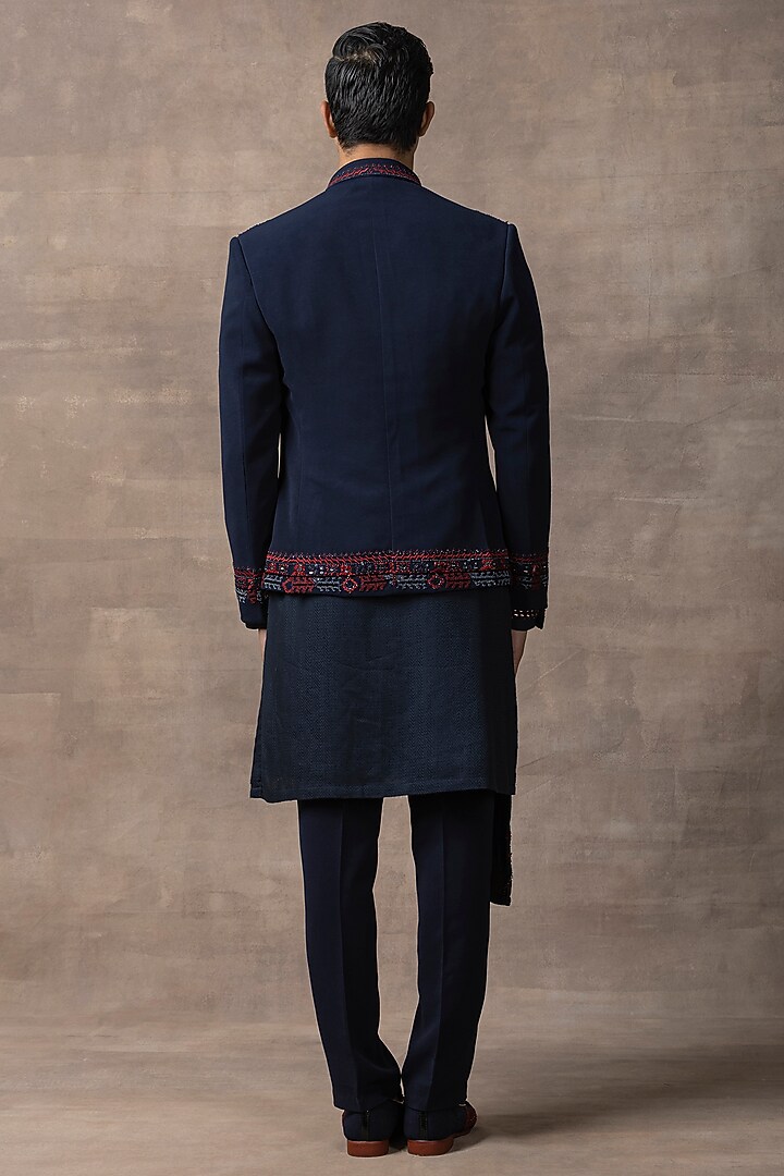 Navy Blue Sandwash Embroidered Bandhgala Set by Sarab Khanijou at Pernia's Pop Up Shop