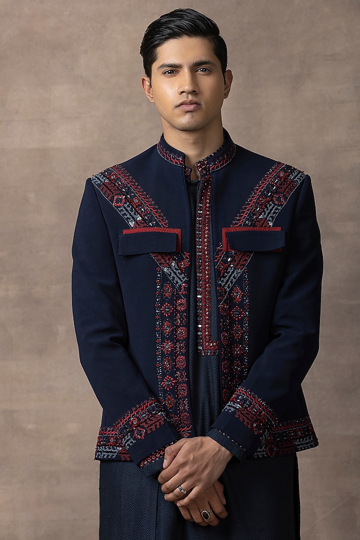 Navy Blue Sandwash Embroidered Bandhgala Set by Sarab Khanijou at Pernia's Pop Up Shop
