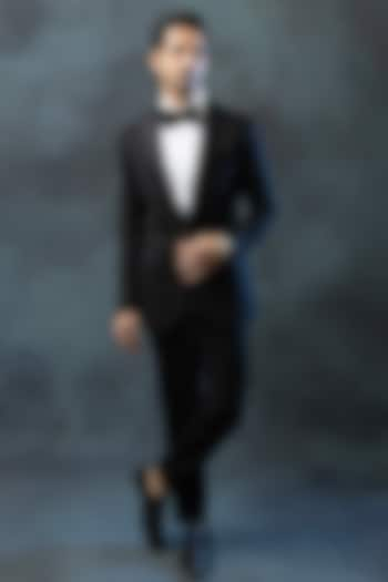 Black Sandwash & Jacquard Tuxedo Set by Sarab Khanijou