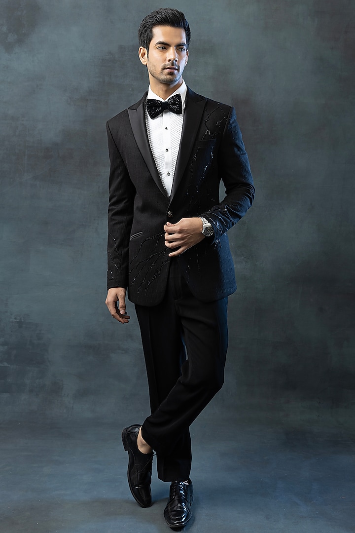 Black Sandwash & Jacquard Tuxedo Set by Sarab Khanijou