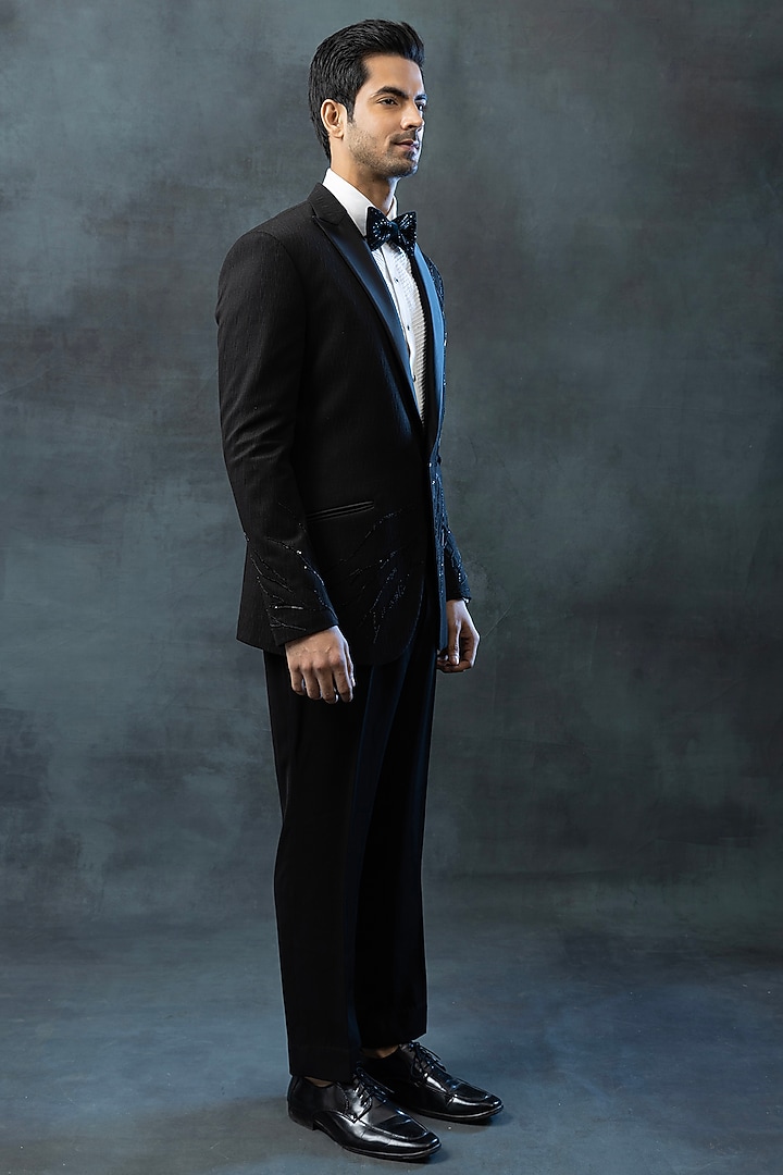 Black Sandwash & Jacquard Tuxedo Set by Sarab Khanijou at Pernia's Pop Up Shop