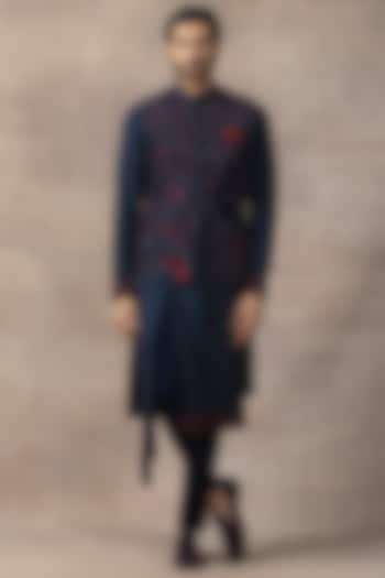 Navy Blue Silk Embroidered Waistcoat With Kurta Set by Sarab Khanijou