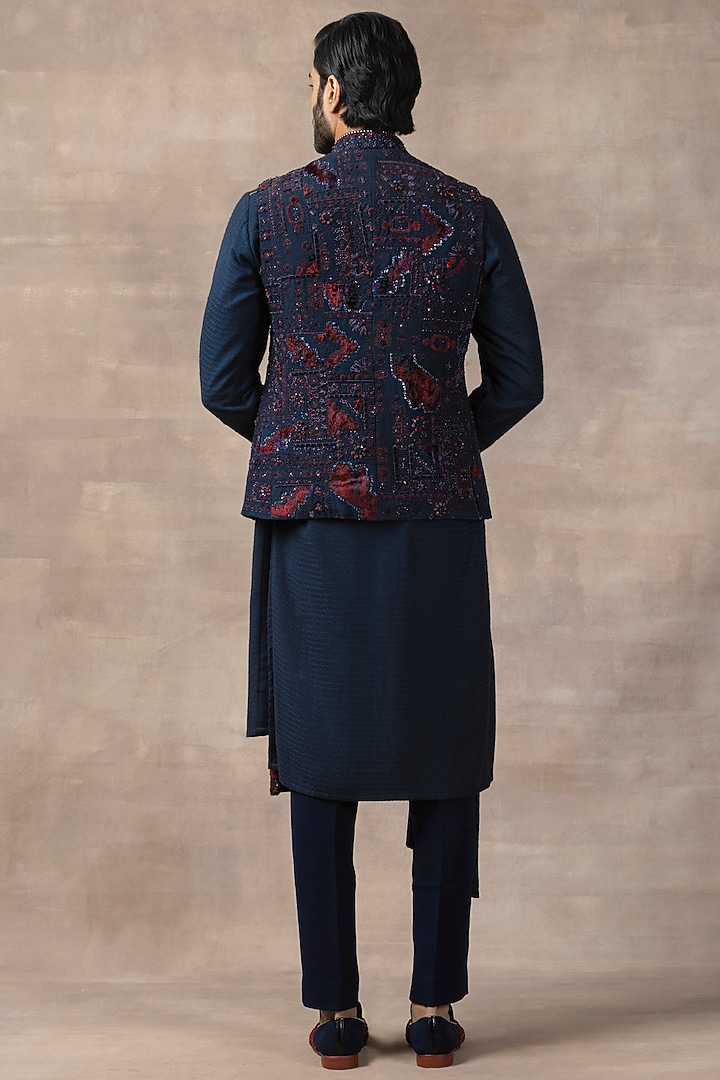 Navy Blue Silk Embroidered Waistcoat With Kurta Set by Sarab Khanijou at Pernia's Pop Up Shop