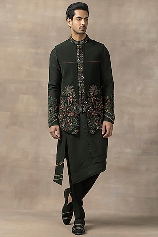 Forest Green Sandwash Embroidered Waistcoat With Kurta Set by Sarab Khanijou