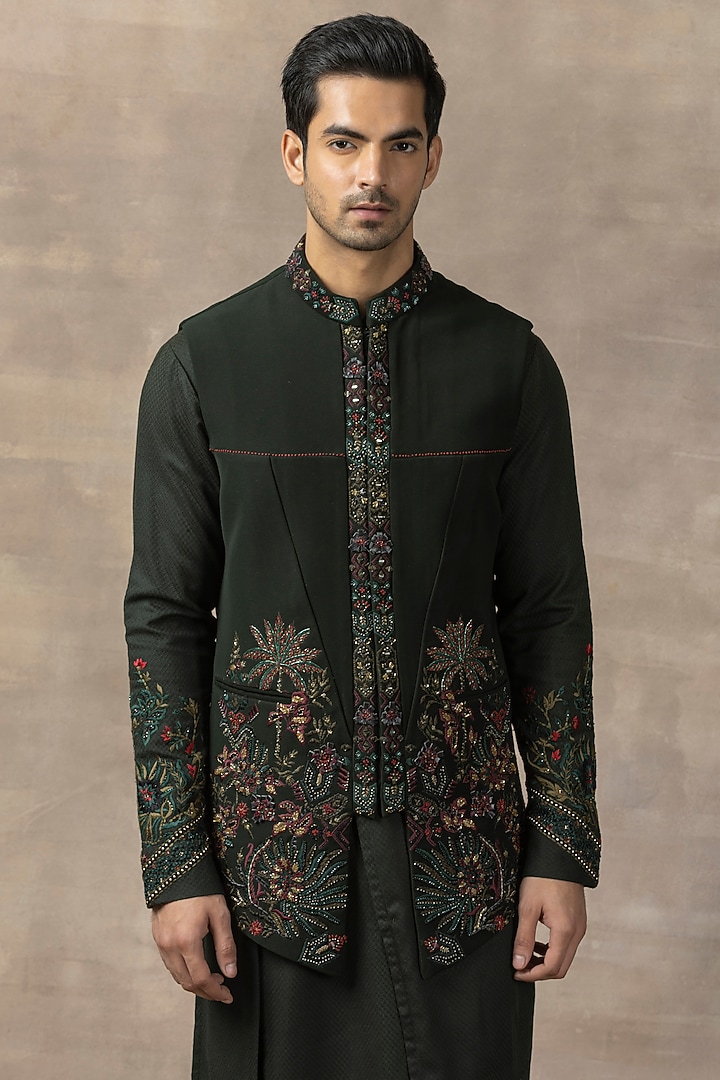 Forest Green Sandwash Embroidered Waistcoat With Kurta Set by Sarab Khanijou at Pernia's Pop Up Shop