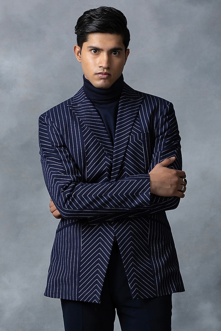 Navy Blue Suiting Blazer by Sarab Khanijou at Pernia's Pop Up Shop