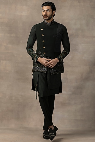 Forest Green Sandwash Embroidered Nehru Jacket Set by Sarab Khanijou