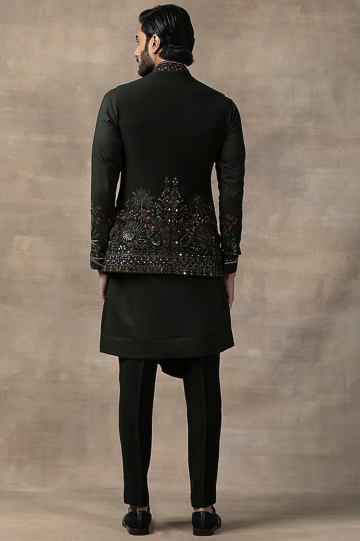 Forest Green Sandwash Embroidered Nehru Jacket Set by Sarab Khanijou at Pernia's Pop Up Shop
