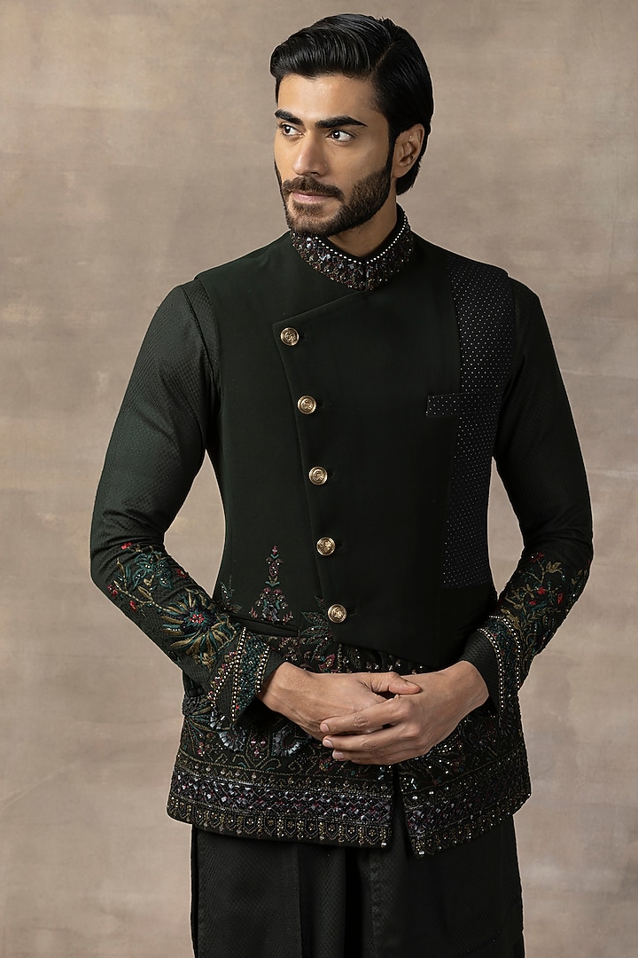 Forest Green Sandwash Embroidered Nehru Jacket Set by Sarab Khanijou at Pernia's Pop Up Shop