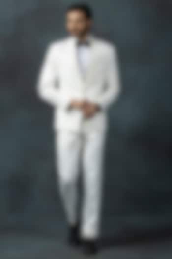 Off-White Jacquard Embellished Tuxedo Set by Sarab Khanijou