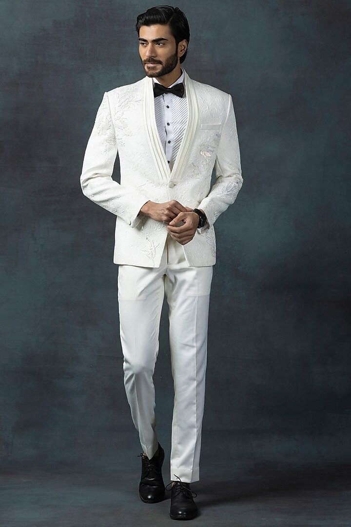 Off-White Jacquard Embellished Tuxedo Set by Sarab Khanijou