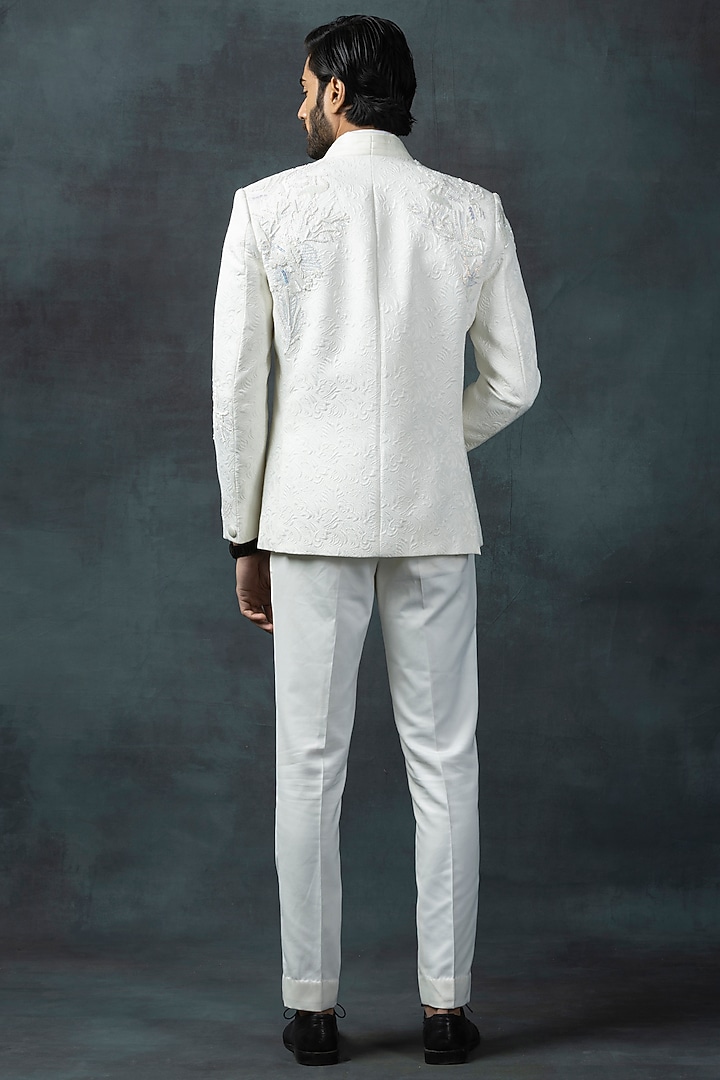 Off-White Jacquard Embellished Tuxedo Set by Sarab Khanijou at Pernia's Pop Up Shop