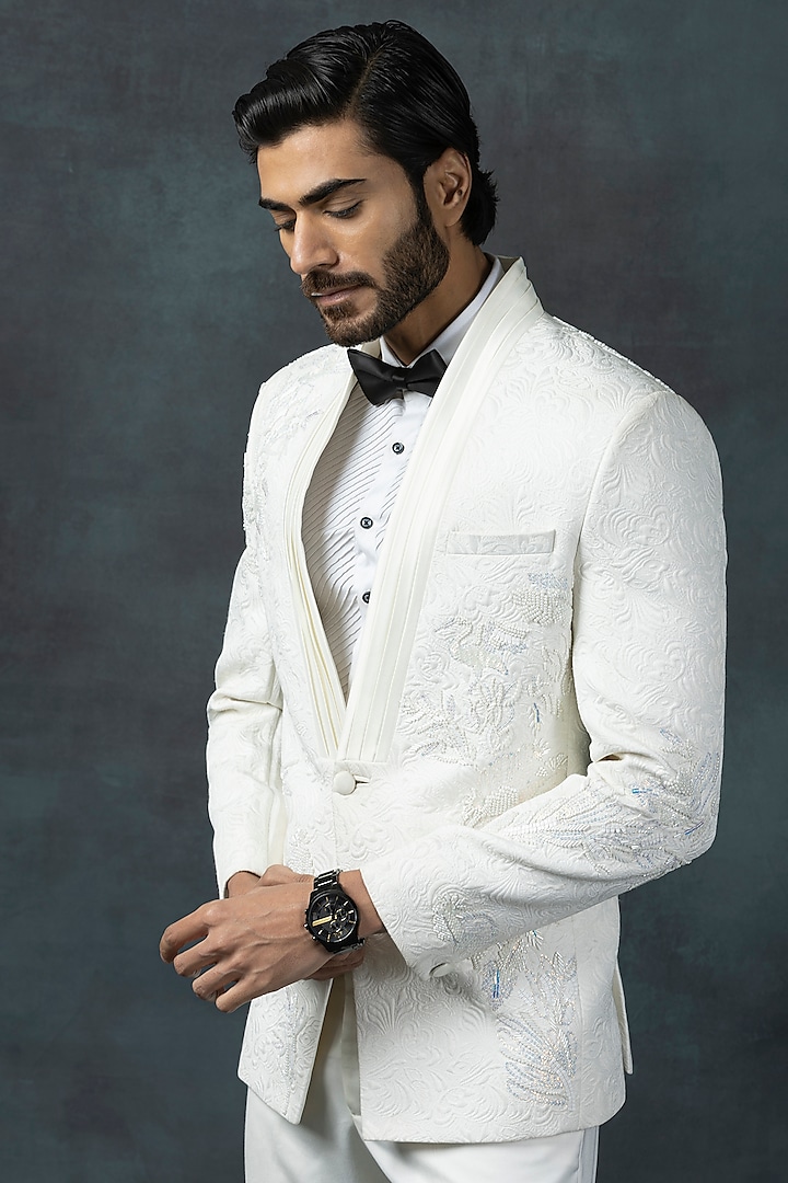 Off-White Jacquard Embellished Tuxedo Set by Sarab Khanijou at Pernia's Pop Up Shop
