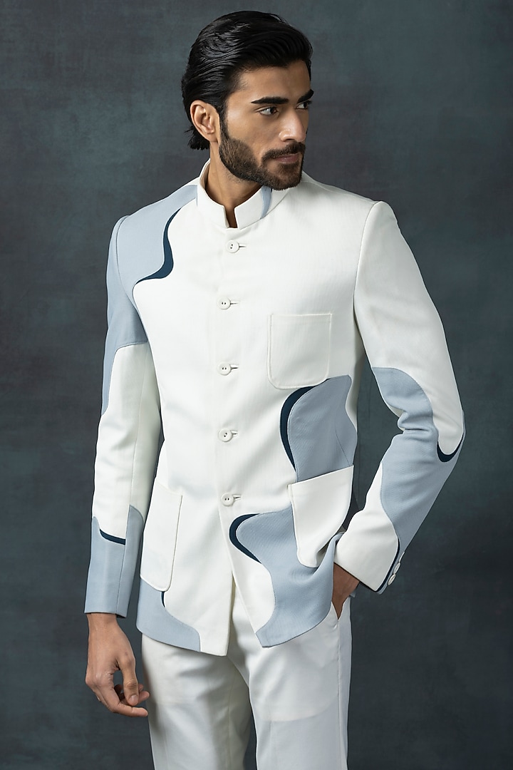 Off-White Jersey Embroidered Wedding Bandhgala Set by Sarab Khanijou at Pernia's Pop Up Shop