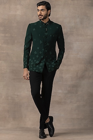 Dark Green Sandwash Embroidered Bandhgala Set by Sarab Khanijou