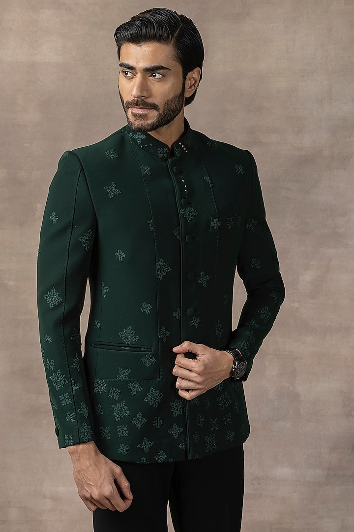 Dark Green Sandwash Embroidered Wedding Bandhgala Set by Sarab Khanijou at Pernia's Pop Up Shop