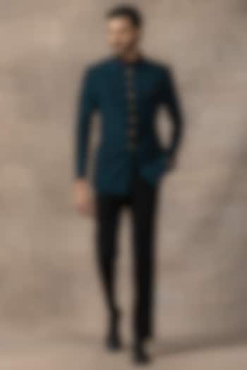 Teal Sandwash Wedding Bandhgala Set by Sarab Khanijou at Pernia's Pop Up Shop