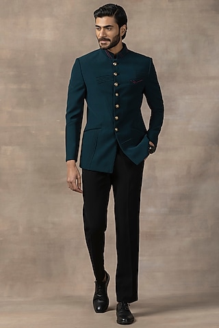 Teal Sandwash Bandhgala Set by Sarab Khanijou