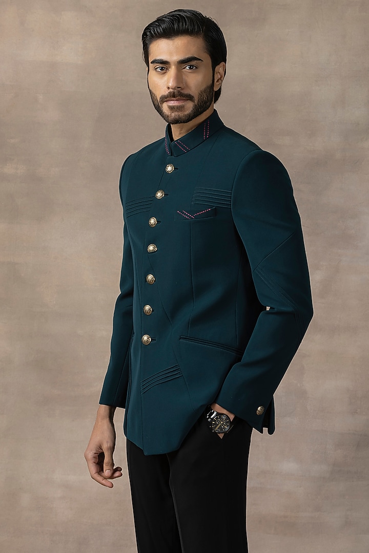Teal Sandwash Wedding Bandhgala Set by Sarab Khanijou at Pernia's Pop Up Shop