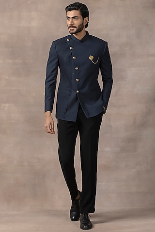 Blue Suiting Fabric Pintuck Bandhgala Set by Sarab Khanijou