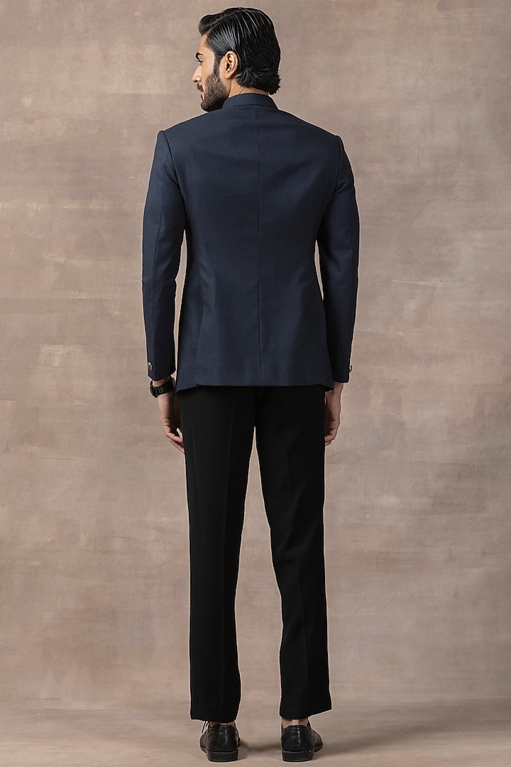 Blue Suiting Fabric Pintuck Wedding Bandhgala Set by Sarab Khanijou at Pernia's Pop Up Shop
