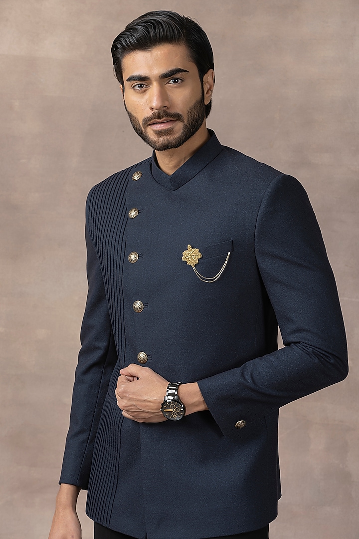 Blue Suiting Fabric Pintuck Wedding Bandhgala Set by Sarab Khanijou at Pernia's Pop Up Shop
