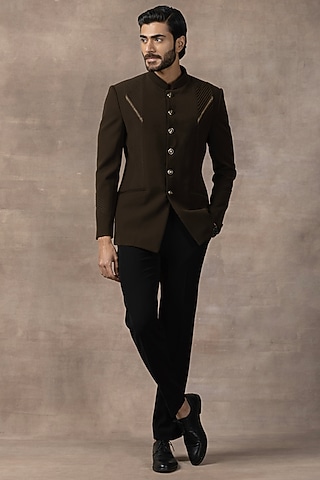 Olive Green Sandwash Bandhgala Set by Sarab Khanijou