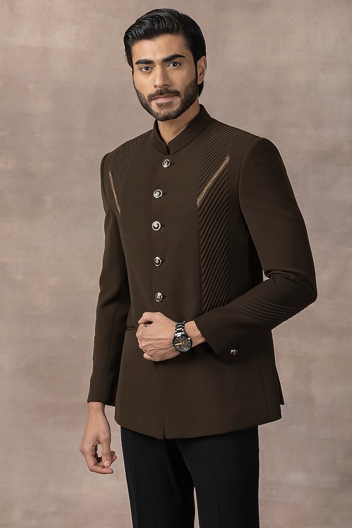 Olive Green Sandwash Wedding Bandhgala Set by Sarab Khanijou at Pernia's Pop Up Shop