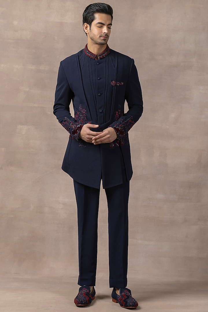 Navy Blue Sandwash Embroidered Layered Wedding Bandhgala Set by Sarab Khanijou at Pernia's Pop Up Shop