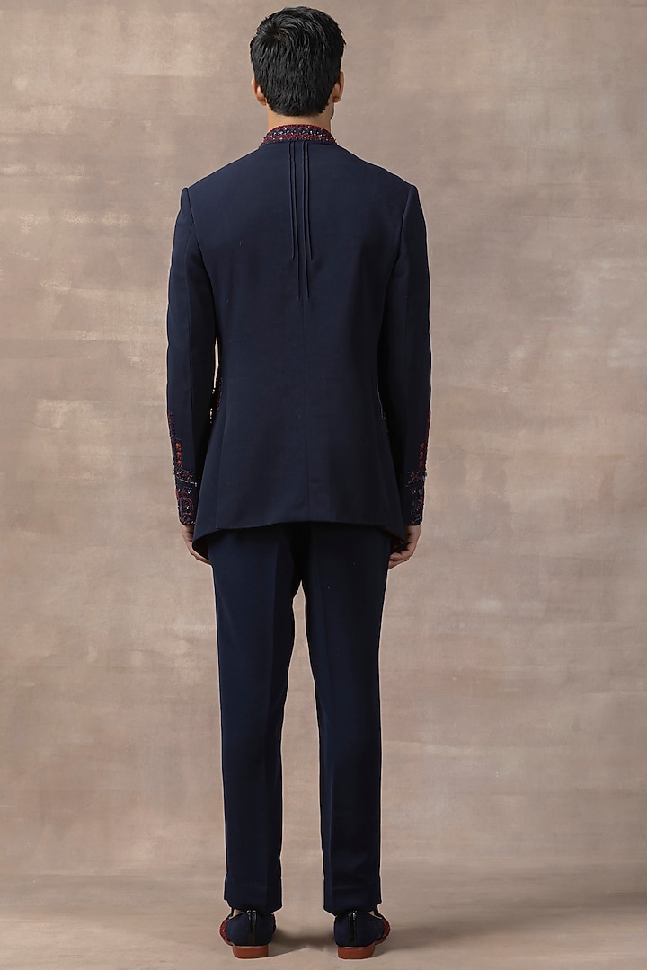 Navy Blue Sandwash Embroidered Layered Wedding Bandhgala Set by Sarab Khanijou at Pernia's Pop Up Shop