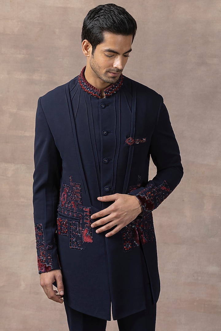 Navy Blue Sandwash Embroidered Layered Wedding Bandhgala Set by Sarab Khanijou at Pernia's Pop Up Shop