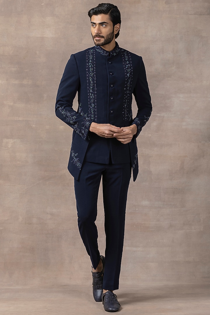 Navy Blue Sandwash Embroidered Wedding Bandhgala Set by Sarab Khanijou at Pernia's Pop Up Shop