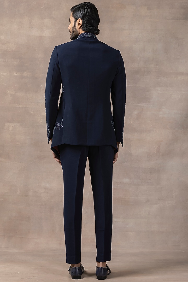 Navy Blue Sandwash Embroidered Wedding Bandhgala Set by Sarab Khanijou at Pernia's Pop Up Shop