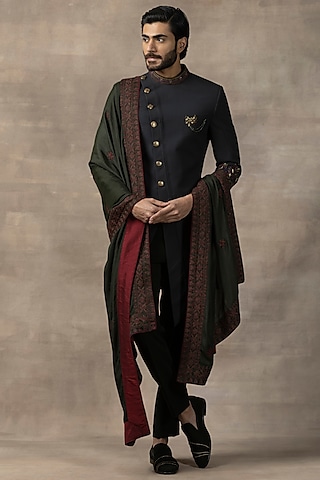 Navy Blue Sandwash Indo-Western Set by Sarab Khanijou