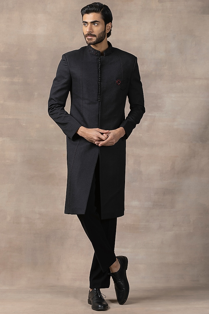 Black Jacquard Indo-Western Set by Sarab Khanijou at Pernia's Pop Up Shop