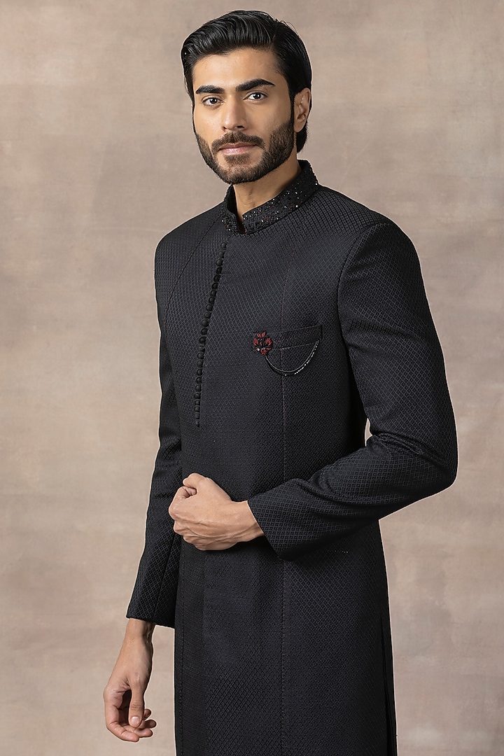 Black Jacquard Indo-Western Set by Sarab Khanijou at Pernia's Pop Up Shop