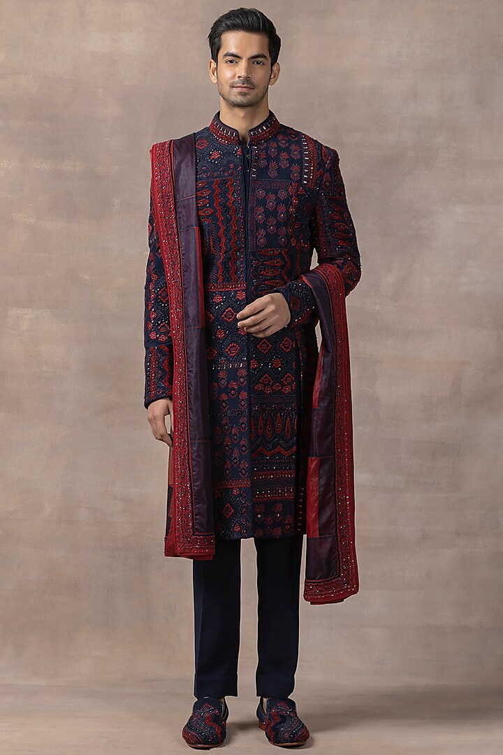 Navy Blue Organza & Silk Embroidered Sherwani Set by Sarab Khanijou