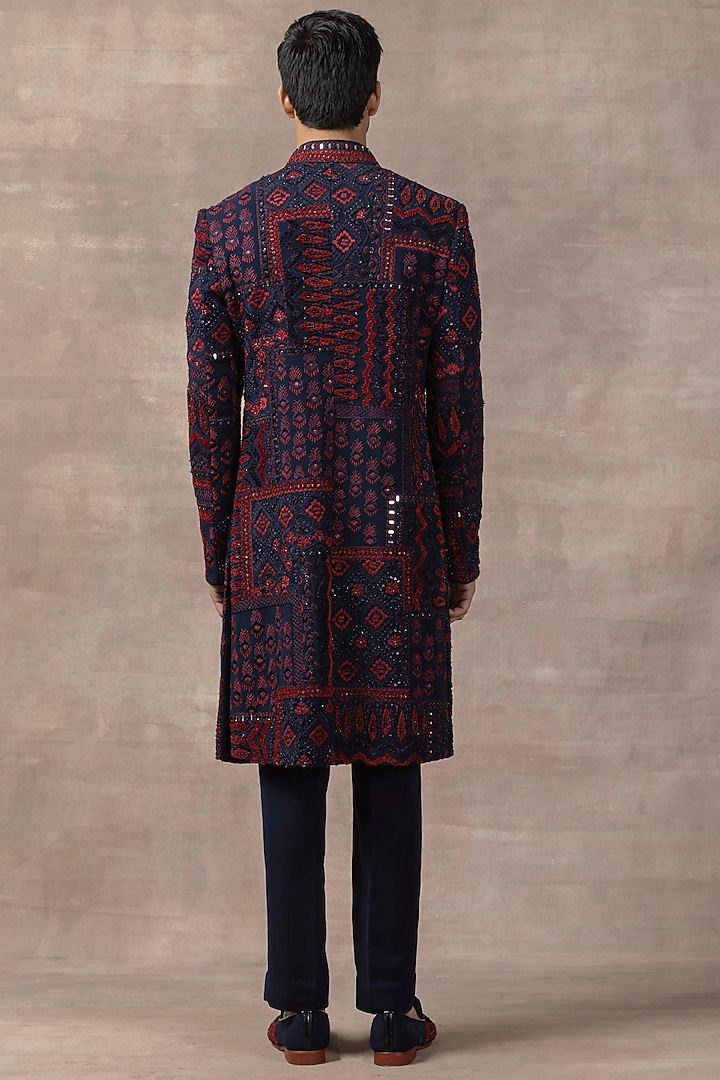 Navy Blue Organza & Silk Embroidered Groom Sherwani Set by Sarab Khanijou at Pernia's Pop Up Shop