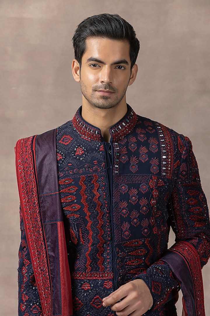 Navy Blue Organza & Silk Embroidered Groom Sherwani Set by Sarab Khanijou at Pernia's Pop Up Shop