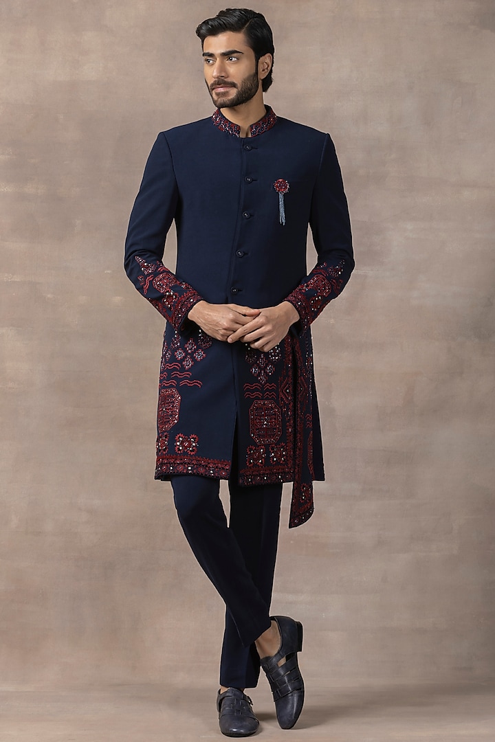 Navy Blue Sandwash Embroidered Indo-Western Set by Sarab Khanijou