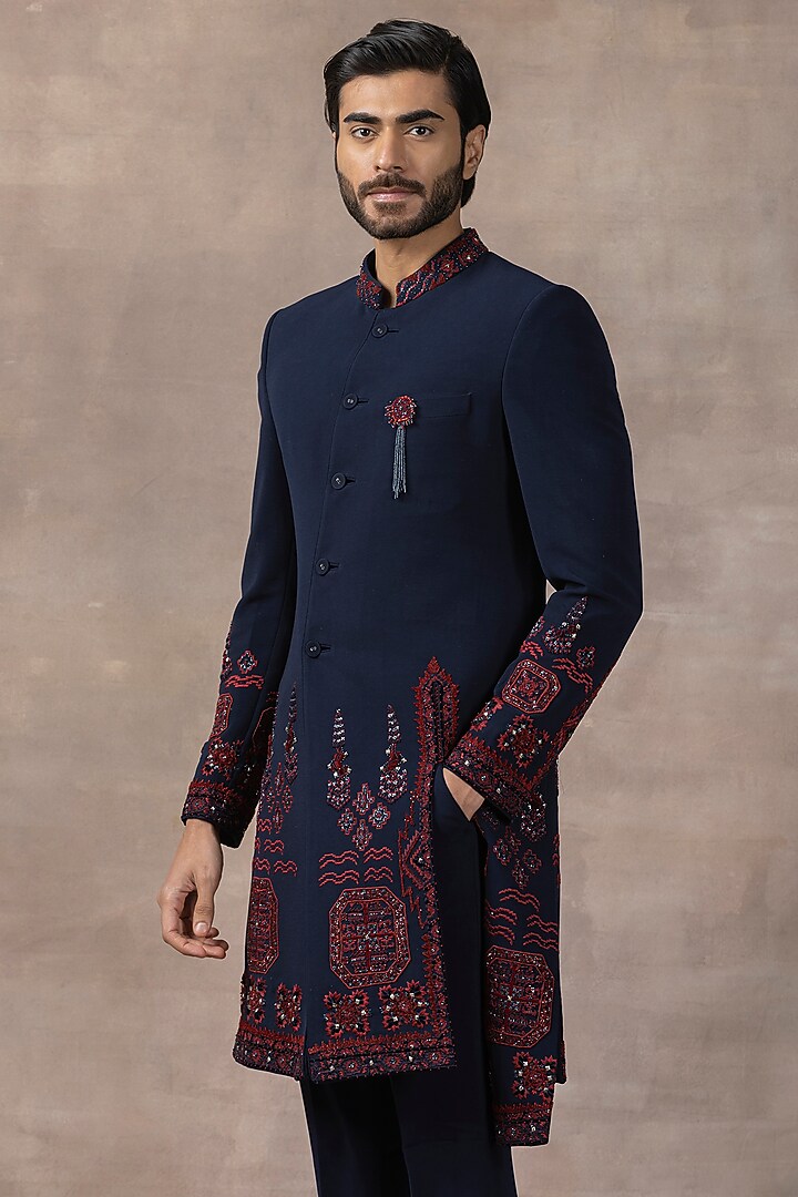 Navy Blue Sandwash Embroidered Indo-Western Set by Sarab Khanijou at Pernia's Pop Up Shop