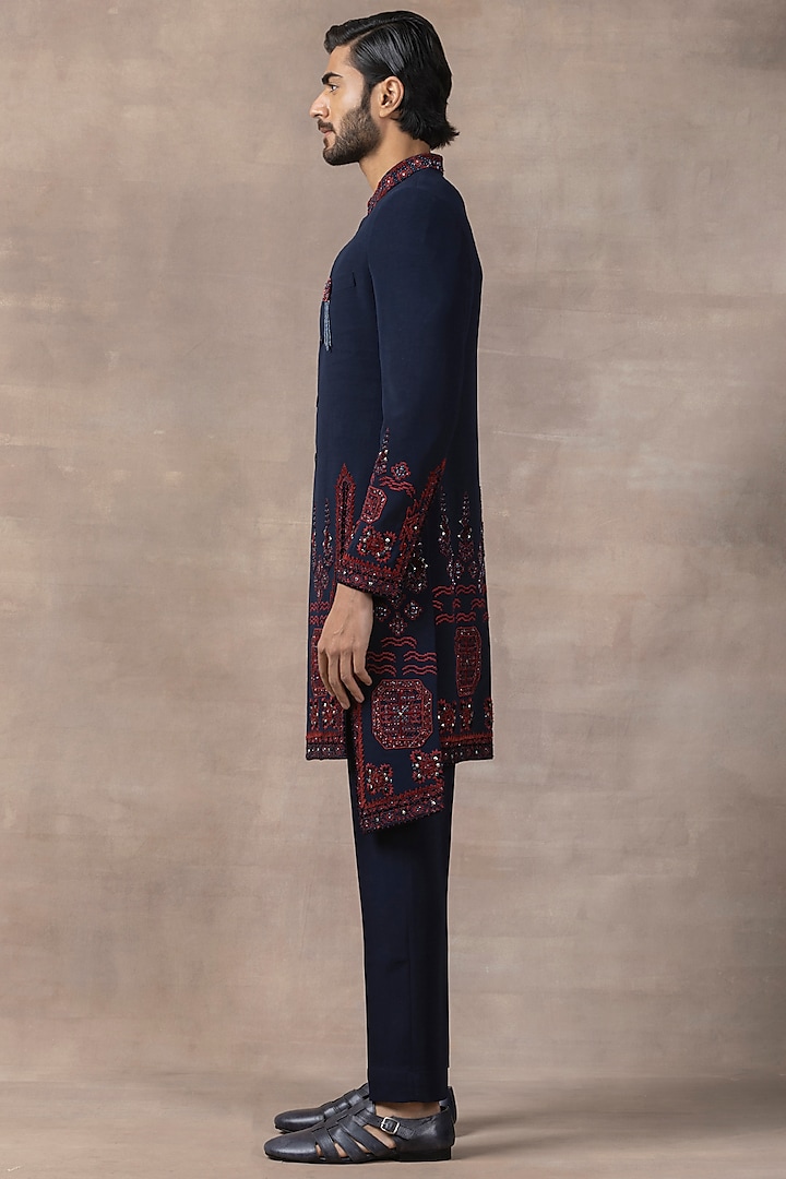 Navy Blue Sandwash Embroidered Indo-Western Set by Sarab Khanijou at Pernia's Pop Up Shop