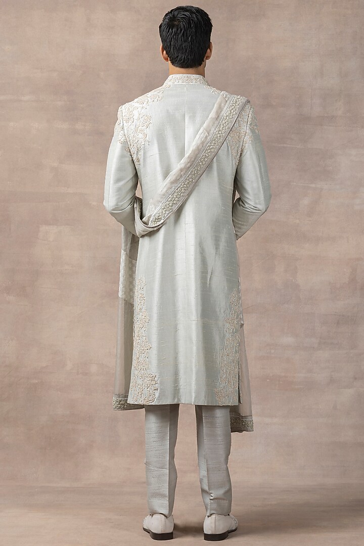 Light Blue Raw Silk Embroidered Groom Sherwani Set by Sarab Khanijou at Pernia's Pop Up Shop