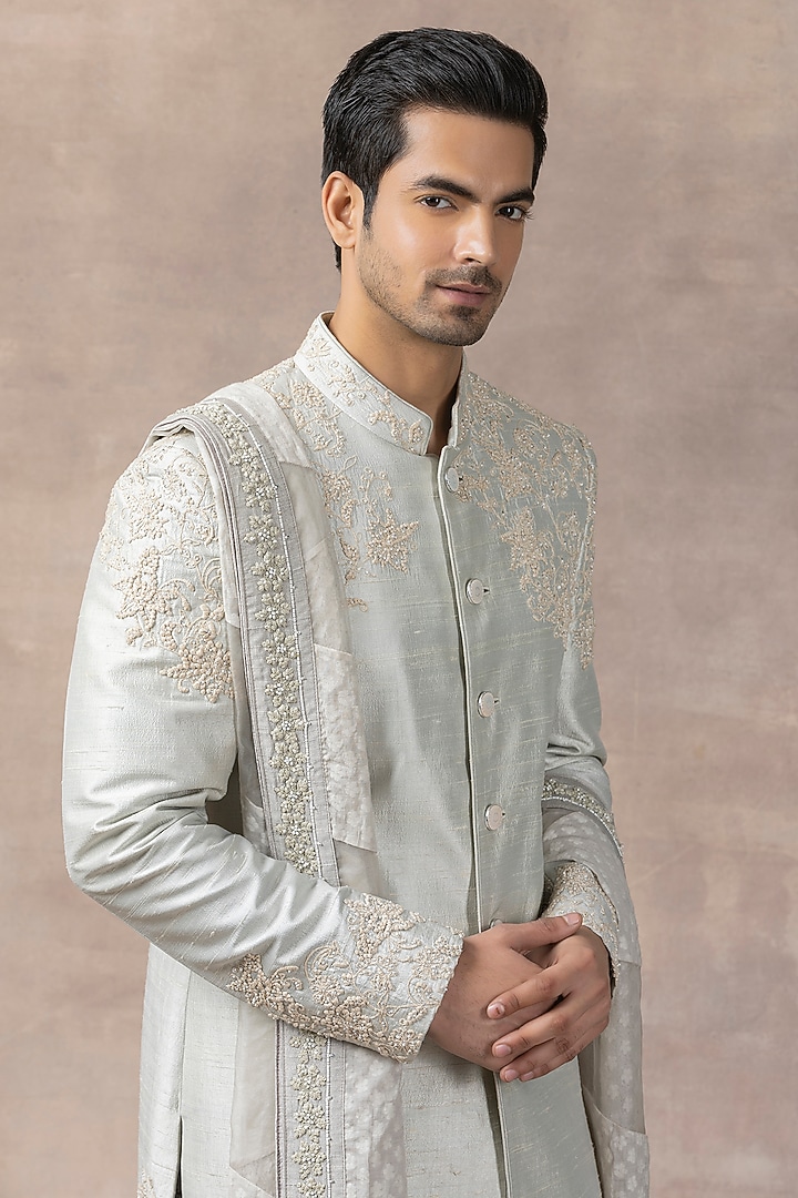 Light Blue Raw Silk Embroidered Groom Sherwani Set by Sarab Khanijou at Pernia's Pop Up Shop
