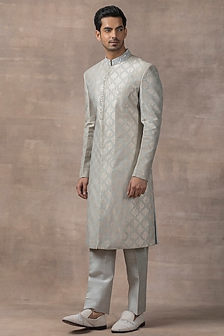 Ash Grey Banarasi Silk Embroidered Sherwani Set by Sarab Khanijou
